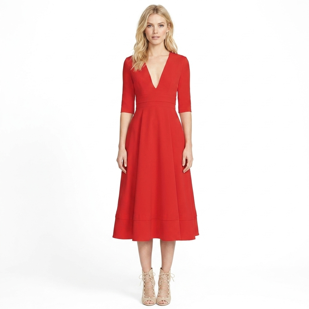Women's V-Neck Midi Dress Fit-and-Flare Half-Sleeve Formal