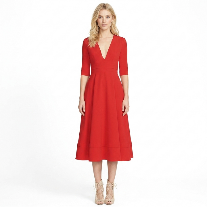 Women's V-Neck Midi Dress Fit-and-Flare Half-Sleeve Formal