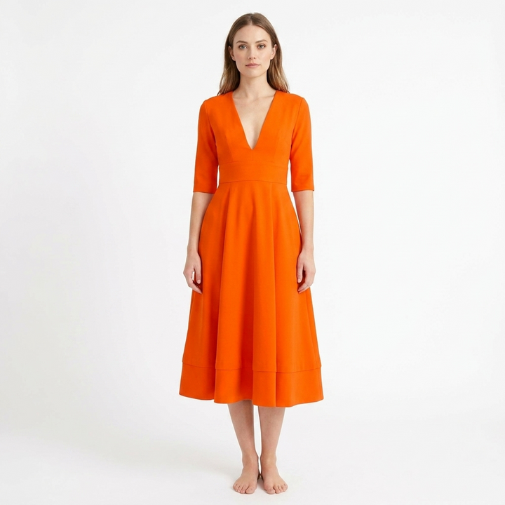 Women's V-Neck Midi Dress Fit-and-Flare Half-Sleeve Formal