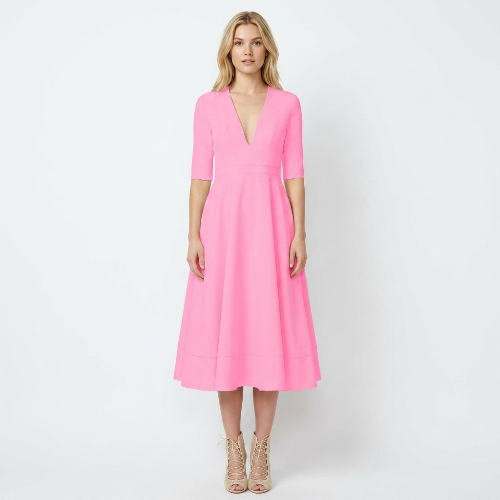 Women's V-Neck Midi Dress Fit-and-Flare Half-Sleeve Formal
