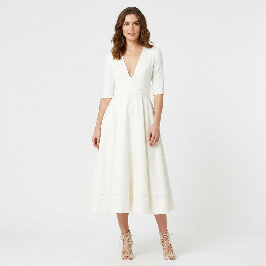 Women's V-Neck Midi Dress Fit-and-Flare Half-Sleeve Formal
