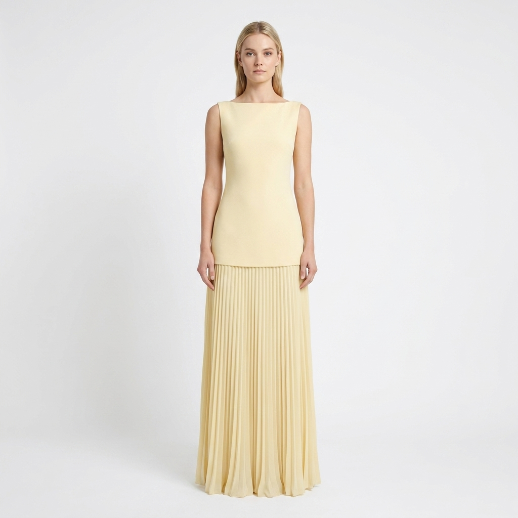 Women's Sleeveless Maxi Dress Boat Neck Pleated A-Line Formal