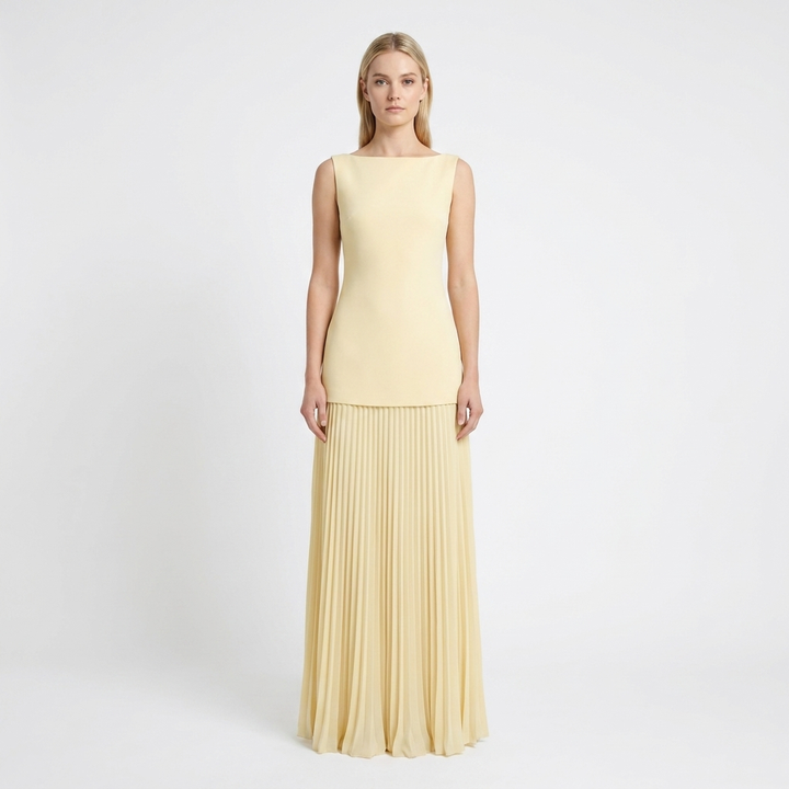 Women's Sleeveless Maxi Dress Boat Neck Pleated A-Line Formal