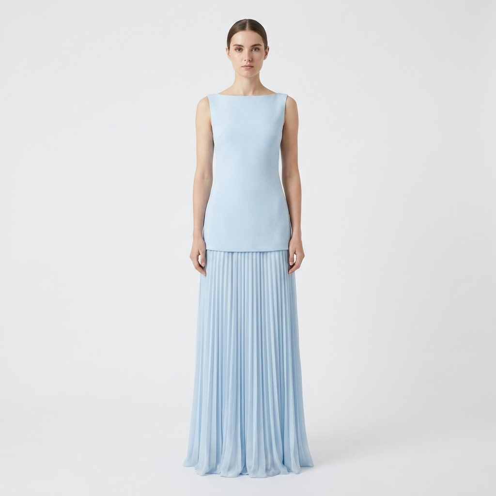 Women's Sleeveless Maxi Dress Boat Neck Pleated A-Line Formal