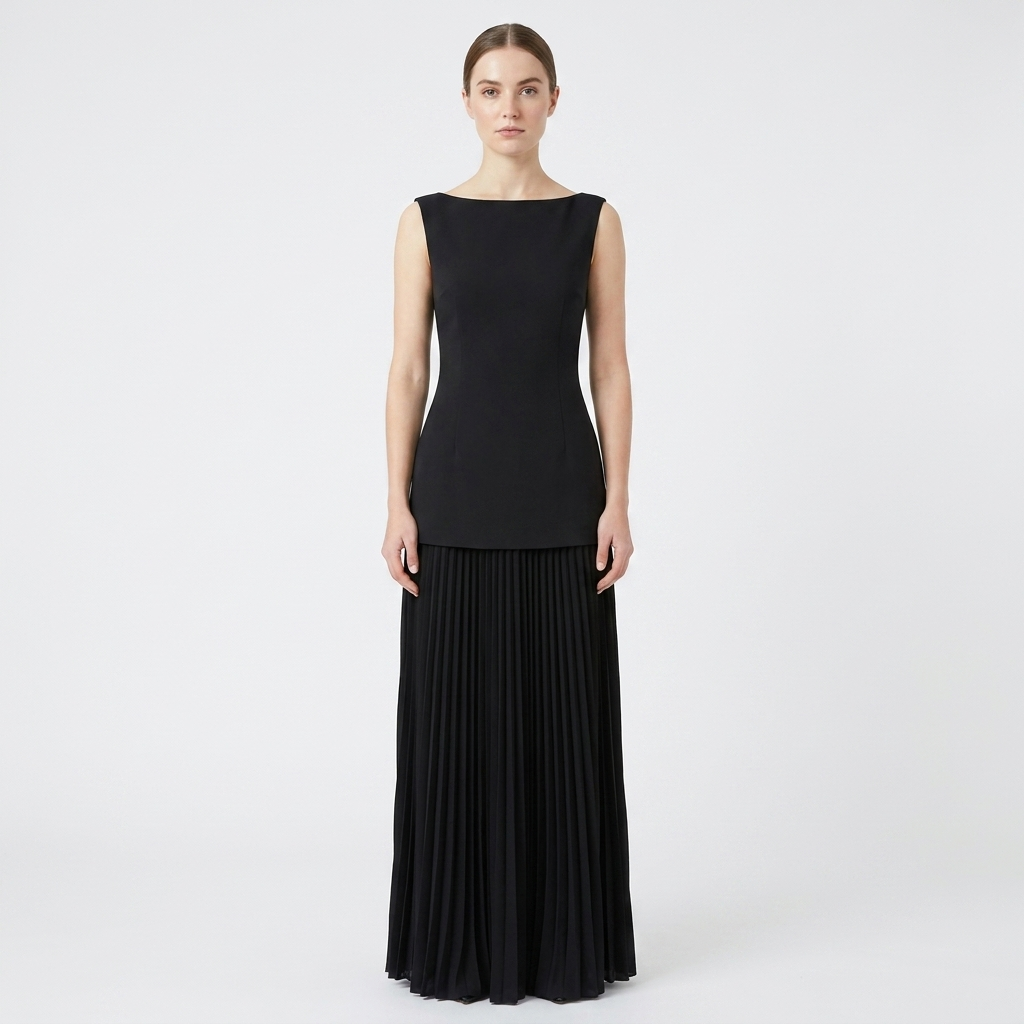 Women's Sleeveless Maxi Dress Boat Neck Pleated A-Line Formal