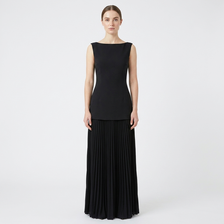 Women's Sleeveless Maxi Dress Boat Neck Pleated A-Line Formal