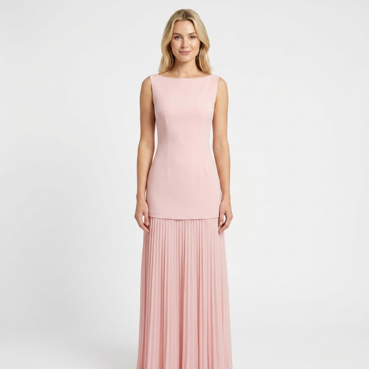 Women's Sleeveless Maxi Dress Boat Neck Pleated A-Line Formal