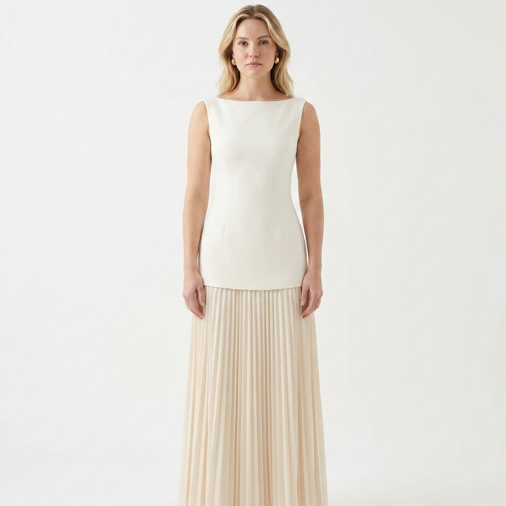 Women's Sleeveless Maxi Dress Boat Neck Pleated A-Line Formal