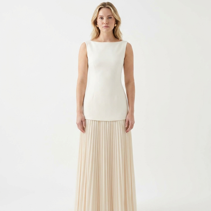 Women's Sleeveless Maxi Dress Boat Neck Pleated A-Line Formal