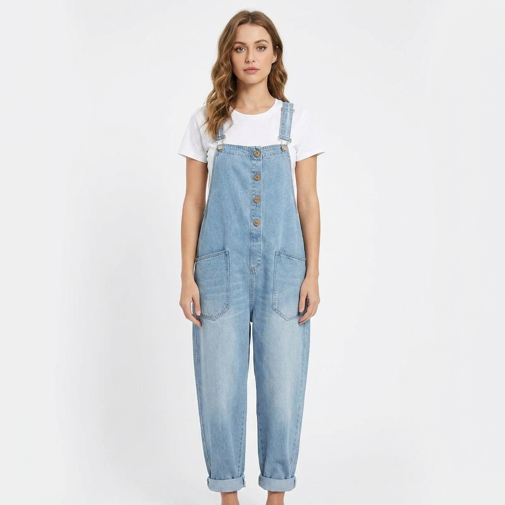 Women's Denim Overalls Baggy Fit Adjustable Strap Jumpsuit