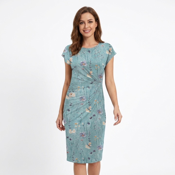 Women's Twist-Front Midi Dress Short Sleeve Bodycon Casual
