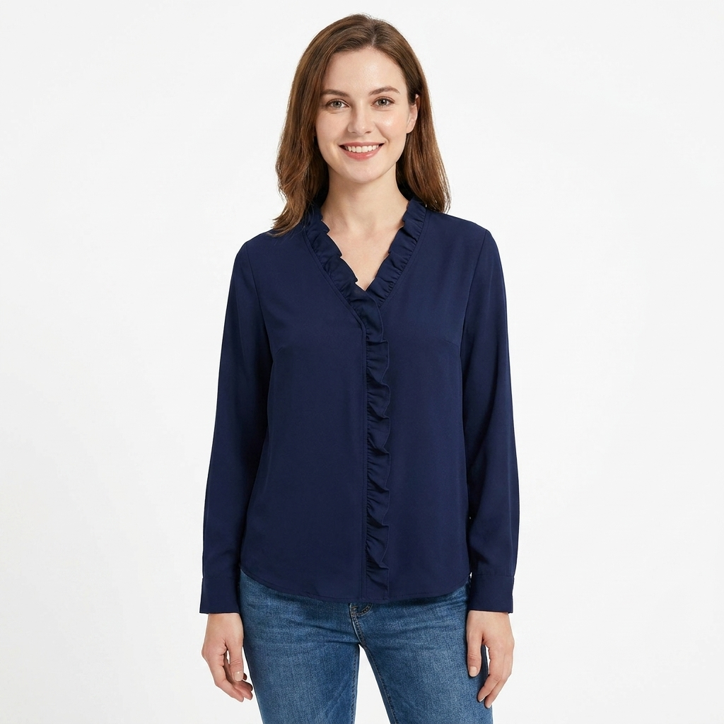 Women's V-Neck Blouse Ruffle Trim Long Sleeve Casual Top