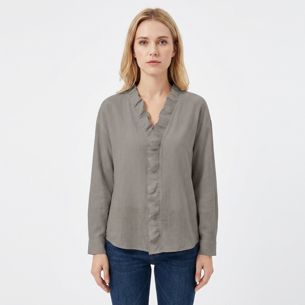 Women's V-Neck Blouse Ruffle Trim Long Sleeve Casual Top