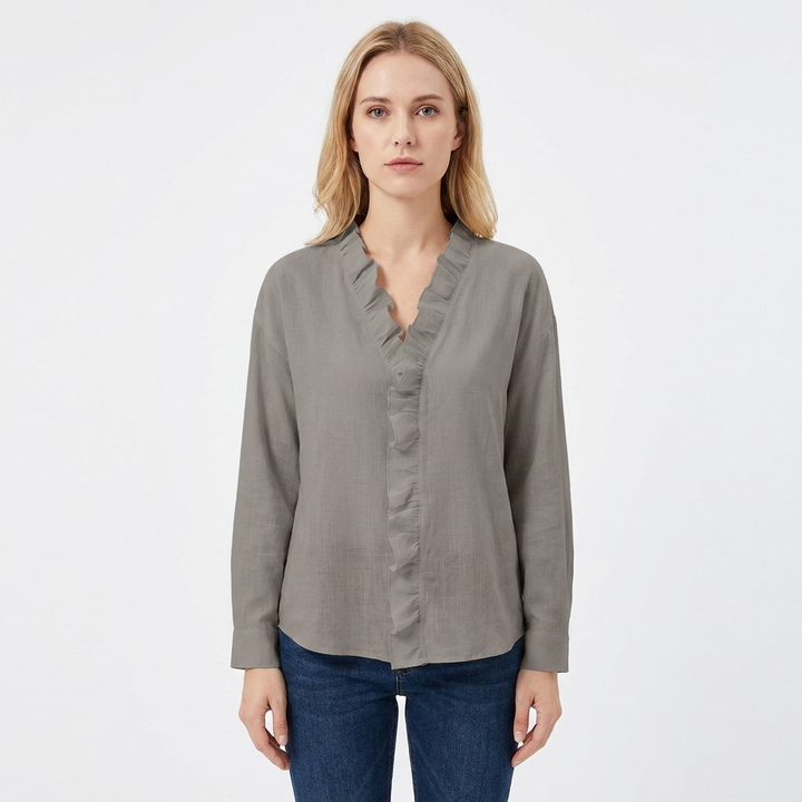 Women's V-Neck Blouse Ruffle Trim Long Sleeve Casual Top