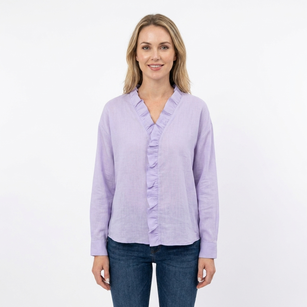 Women's V-Neck Blouse Ruffle Trim Long Sleeve Casual Top
