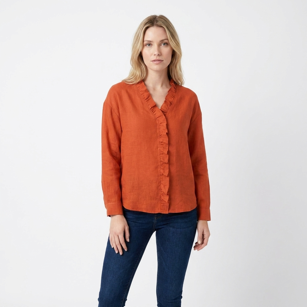 Women's V-Neck Blouse Ruffle Trim Long Sleeve Casual Top