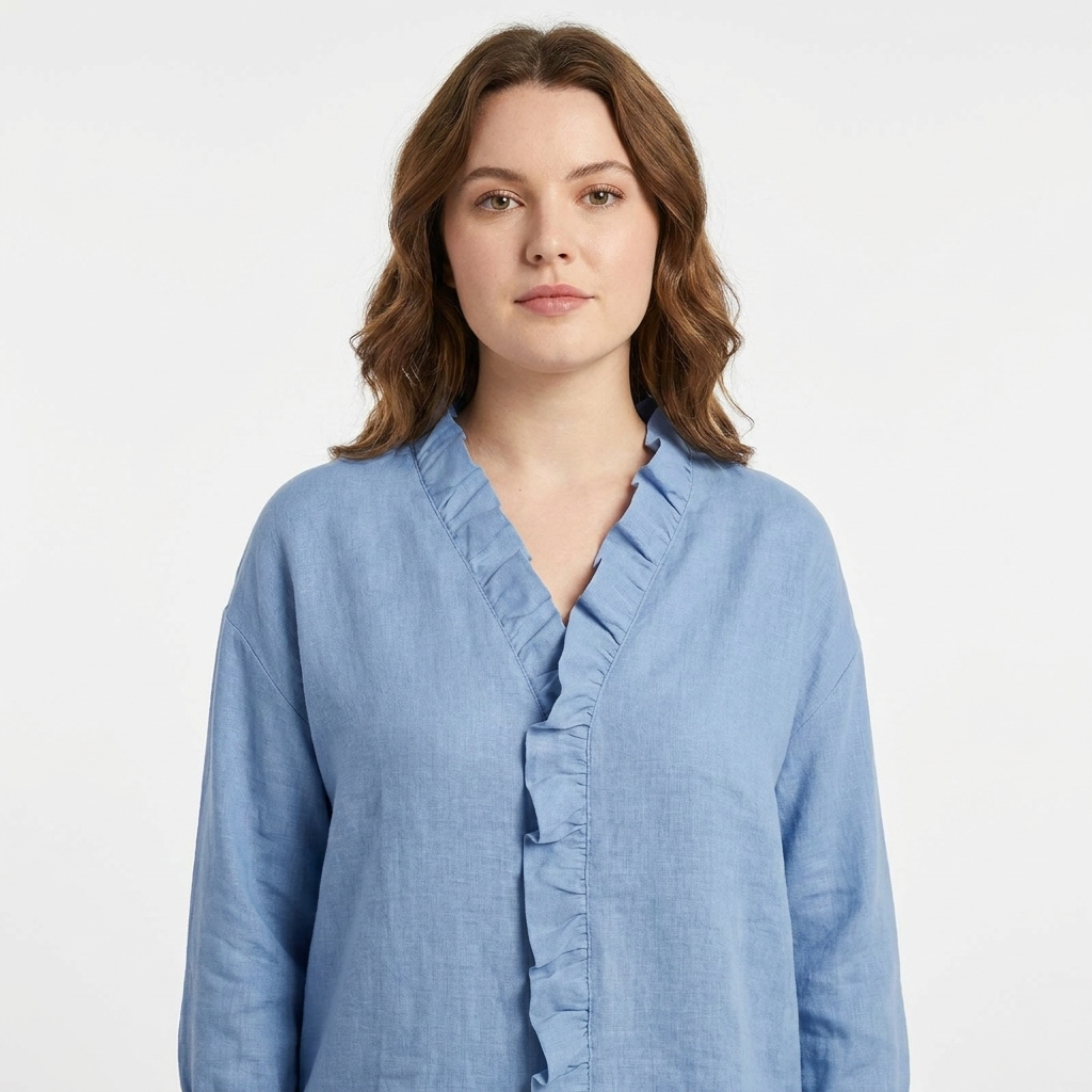 Women's V-Neck Blouse Ruffle Trim Long Sleeve Casual Top