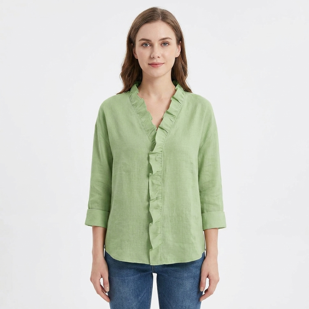 Women's V-Neck Blouse Ruffle Trim Long Sleeve Casual Top