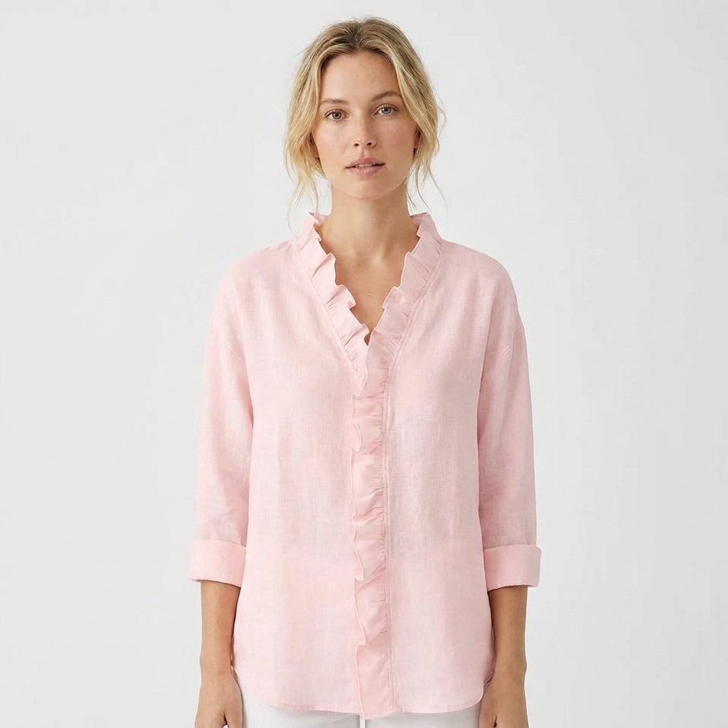 Women's V-Neck Blouse Ruffle Trim Long Sleeve Casual Top