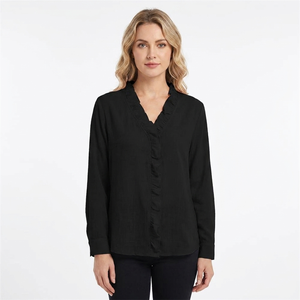 Women's V-Neck Blouse Ruffle Trim Long Sleeve Casual Top
