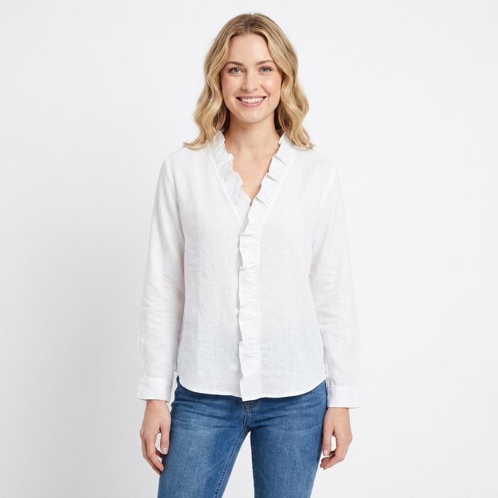 Women's V-Neck Blouse Ruffle Trim Long Sleeve Casual Top