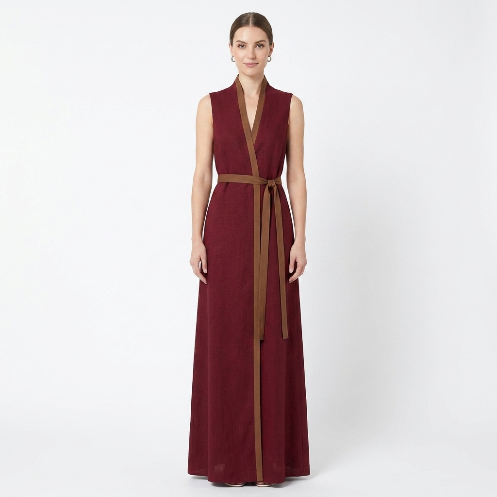 Women's Sleeveless Maxi Dress Contrast-Trim Belted V-Neck Wrap