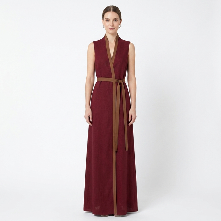 Women's Sleeveless Maxi Dress Contrast-Trim Belted V-Neck Wrap