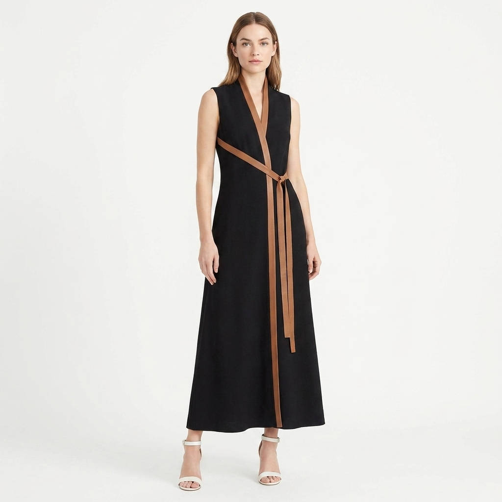 Women's Sleeveless Maxi Dress Contrast-Trim Belted V-Neck Wrap
