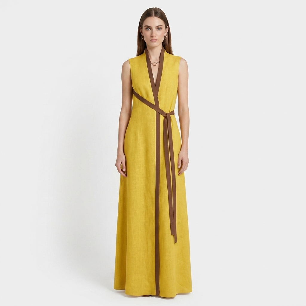 Women's Sleeveless Maxi Dress Contrast-Trim Belted V-Neck Wrap