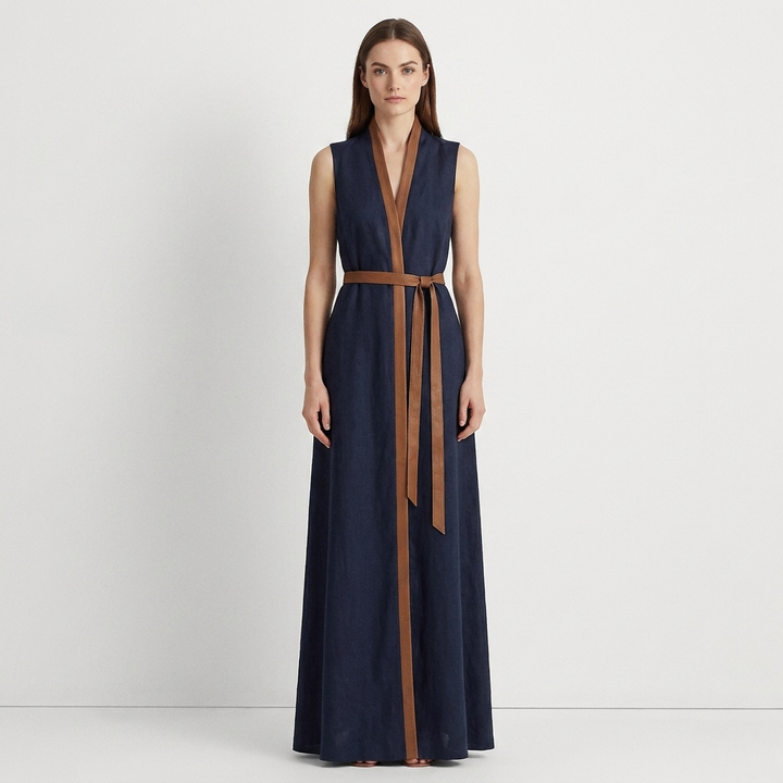 Women's Sleeveless Maxi Dress Contrast-Trim Belted V-Neck Wrap