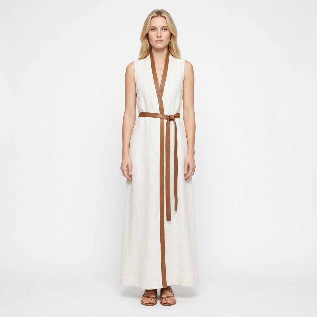 Women's Sleeveless Maxi Dress Contrast-Trim Belted V-Neck Wrap