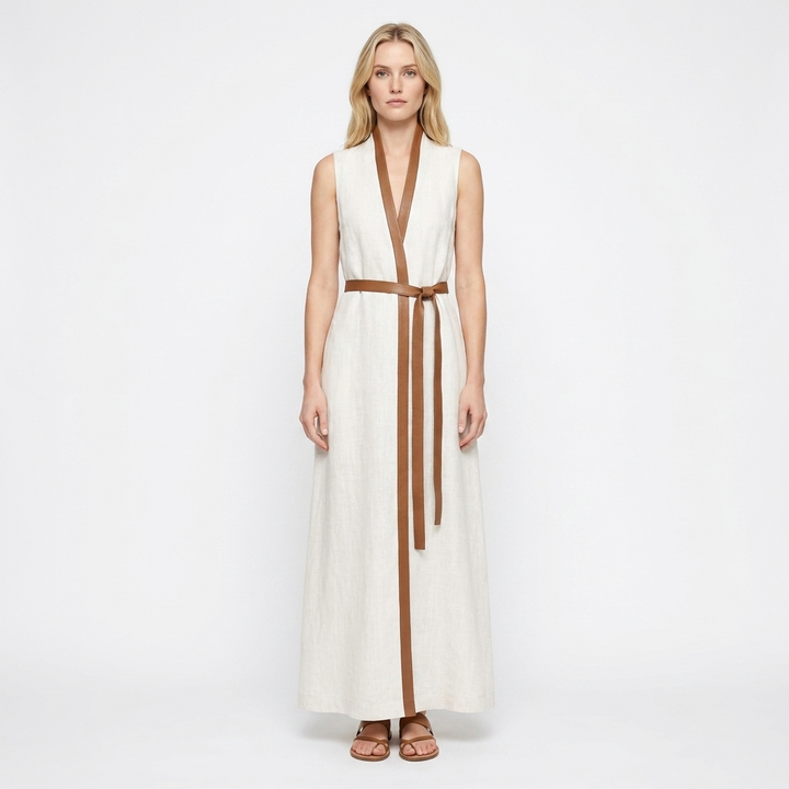 Women's Sleeveless Maxi Dress Contrast-Trim Belted V-Neck Wrap