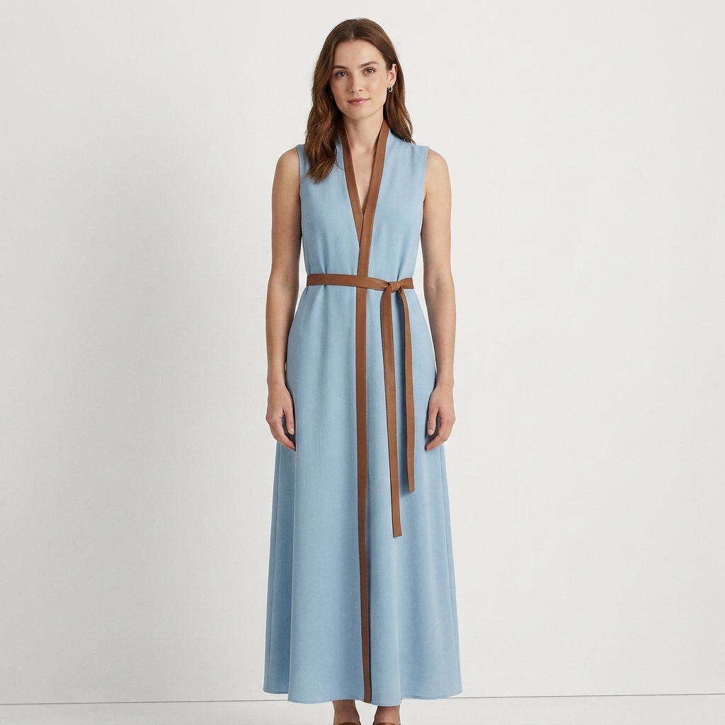 Women's Sleeveless Maxi Dress Contrast-Trim Belted V-Neck Wrap