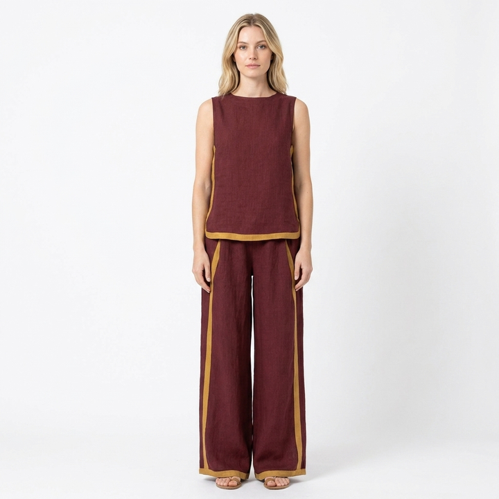 Women's Two-Piece Set Sleeveless Top Wide-Leg Pants Contrast Trim