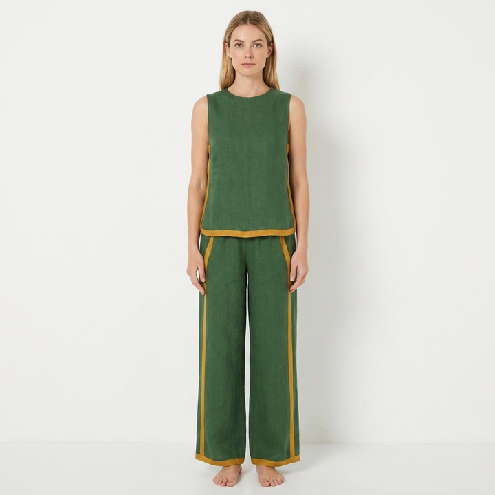 Women's Two-Piece Set Sleeveless Top Wide-Leg Pants Contrast Trim