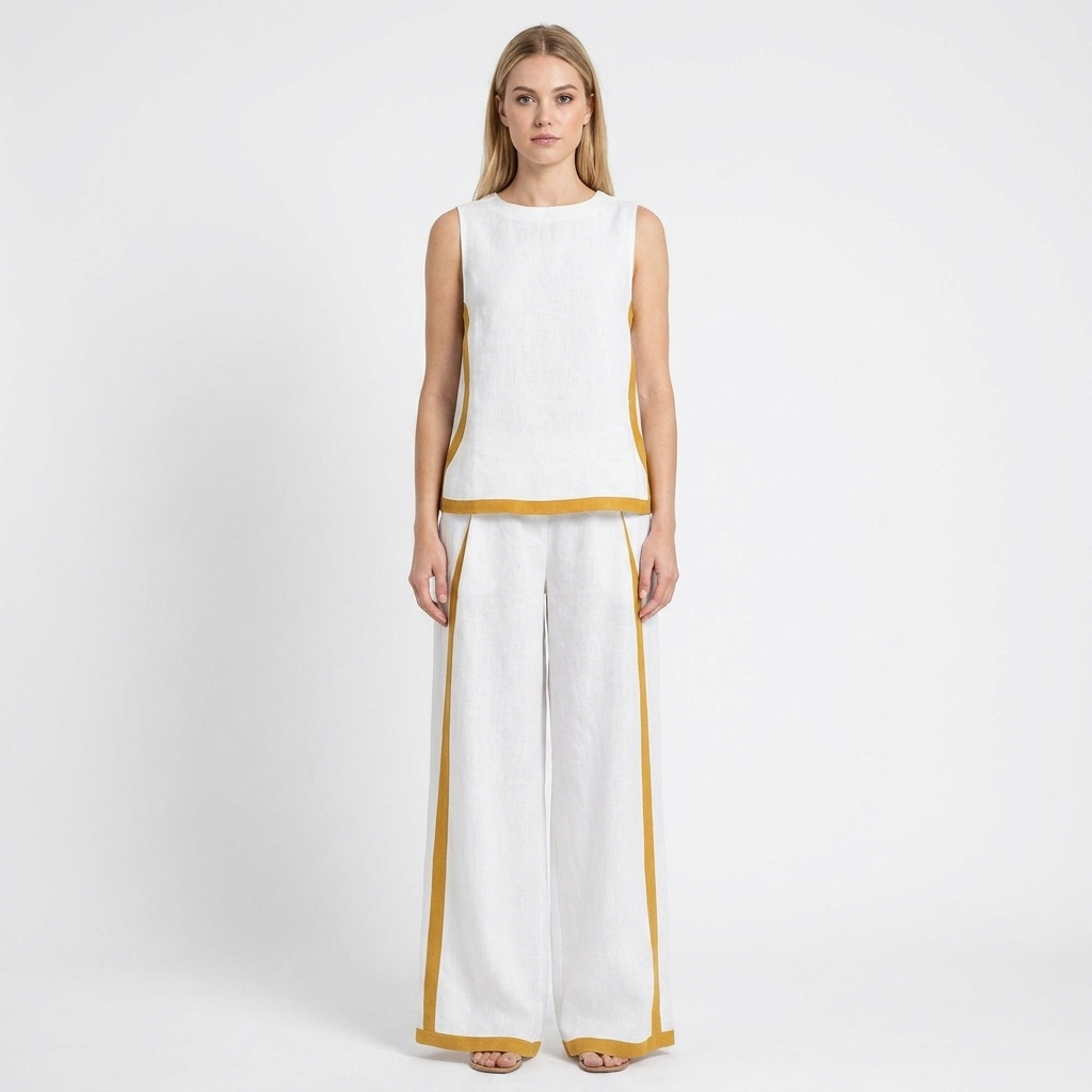 Women's Two-Piece Set Sleeveless Top Wide-Leg Pants Contrast Trim