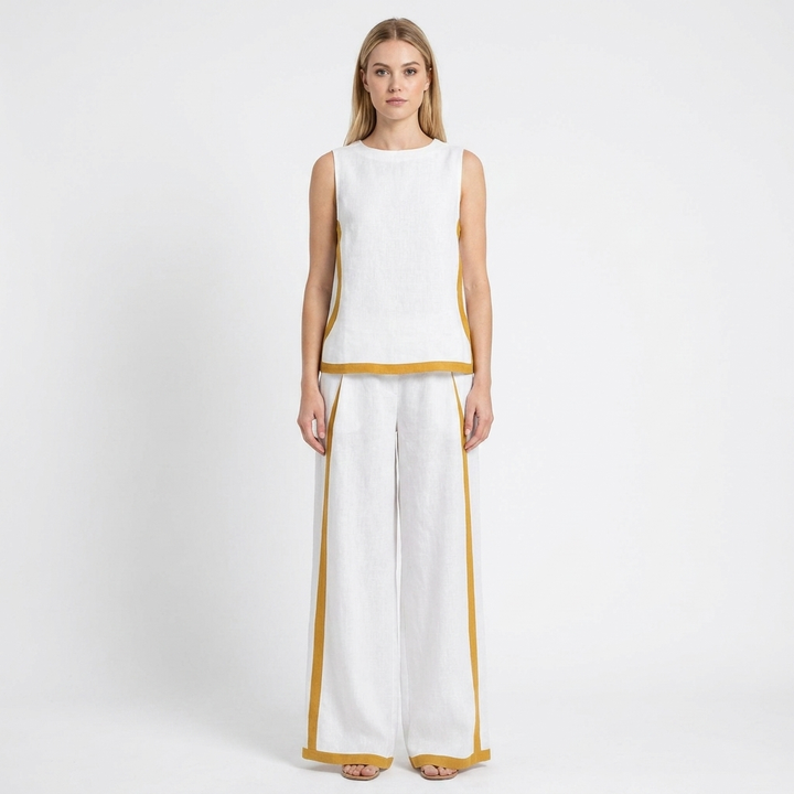 Women's Two-Piece Set Sleeveless Top Wide-Leg Pants Contrast Trim