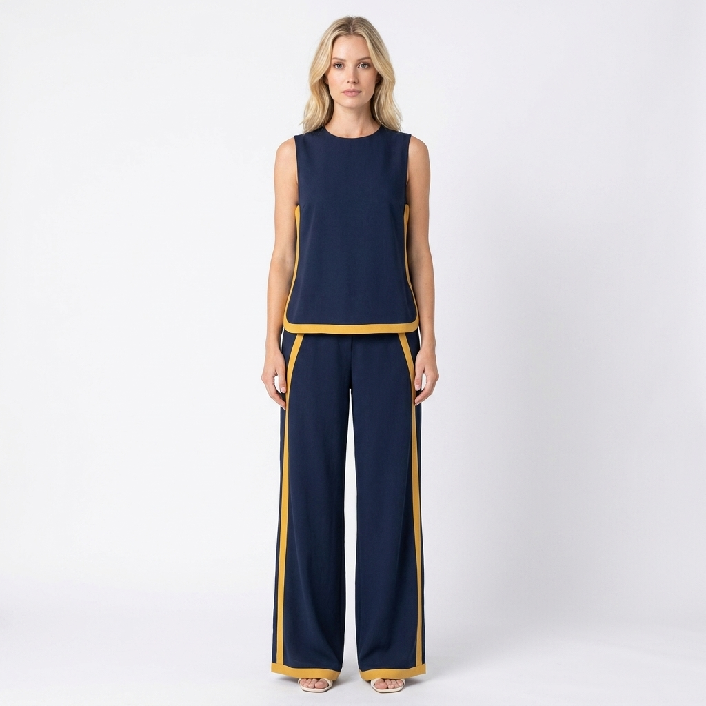 Women's Two-Piece Set Sleeveless Top Wide-Leg Pants Contrast Trim
