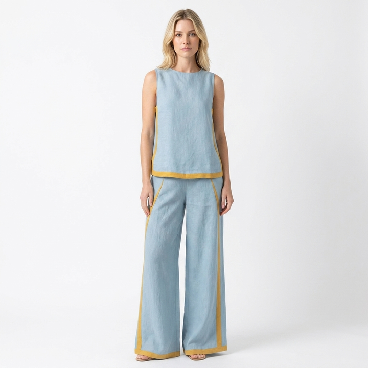 Women's Two-Piece Set Sleeveless Top Wide-Leg Pants Contrast Trim