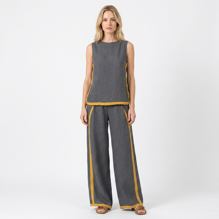 Women's Two-Piece Set Sleeveless Top Wide-Leg Pants Contrast Trim