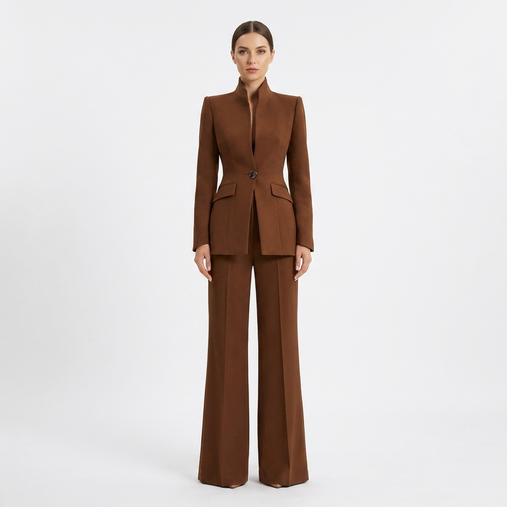 Women's Two-Piece Pant Suit Stand Collar Blazer Wide-Leg Trousers