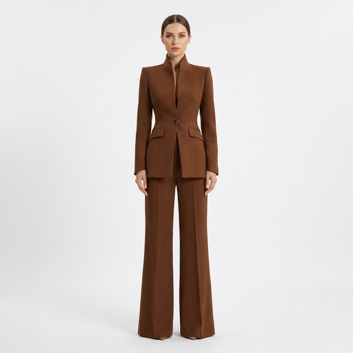 Women's Two-Piece Pant Suit Stand Collar Blazer Wide-Leg Trousers