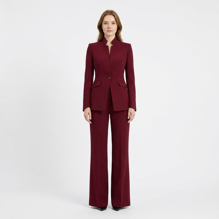 Women's Two-Piece Pant Suit Stand Collar Blazer Wide-Leg Trousers