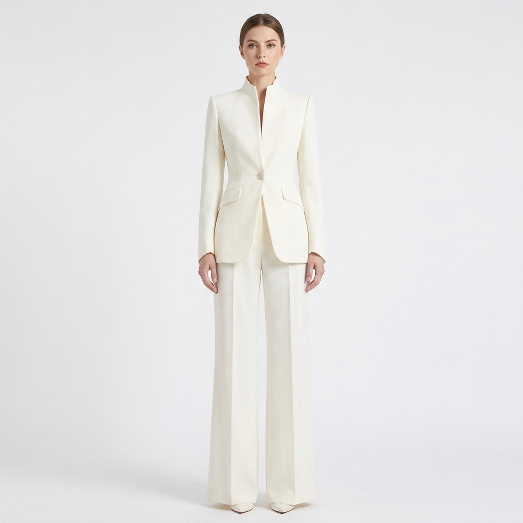 Women's Two-Piece Pant Suit Stand Collar Blazer Wide-Leg Trousers
