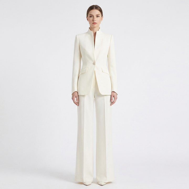 Women's Two-Piece Pant Suit Stand Collar Blazer Wide-Leg Trousers