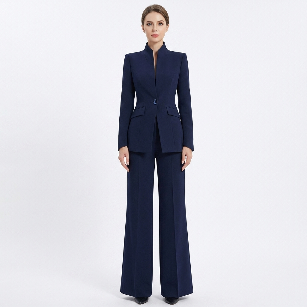 Women's Two-Piece Pant Suit Stand Collar Blazer Wide-Leg Trousers