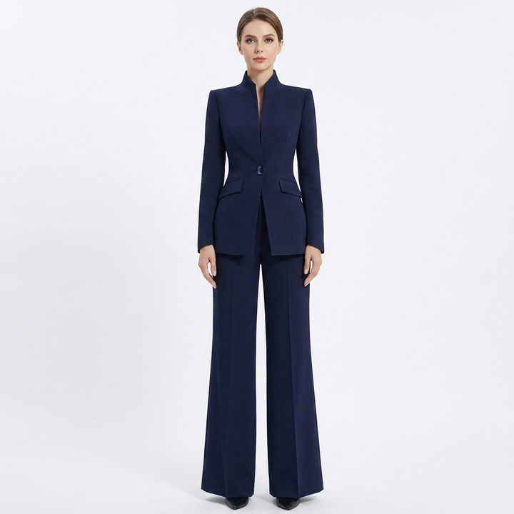 Women's Two-Piece Pant Suit Stand Collar Blazer Wide-Leg Trousers