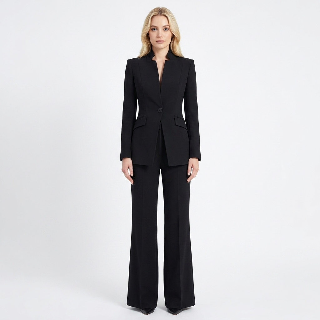 Women's Two-Piece Pant Suit Stand Collar Blazer Wide-Leg Trousers