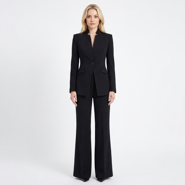 Women's Two-Piece Pant Suit Stand Collar Blazer Wide-Leg Trousers