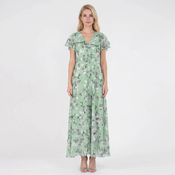 Women's Floral Print Maxi Dress V-Neck Flutter Sleeve Chiffon